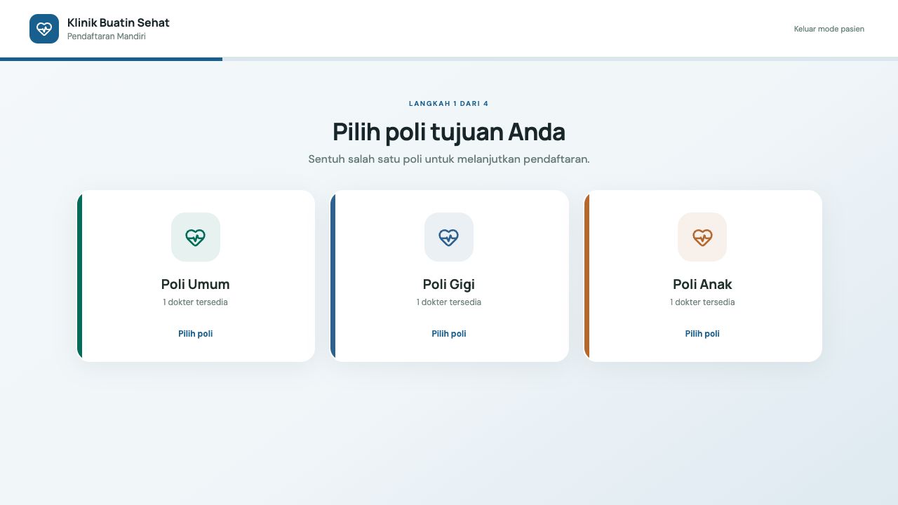 Kiosk Bentar pada langkah memilih Poli Umum, Poli Gigi, atau Poli Anak
